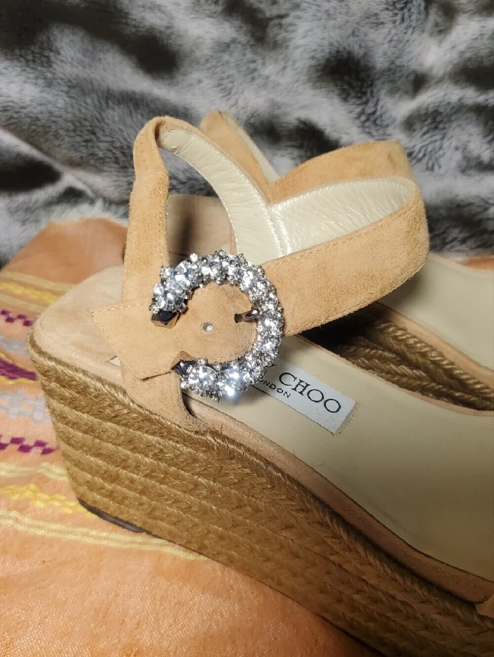 Jimmy Choo Suede Espadrille Wedge Sandals with Crystal Buckle Size 8